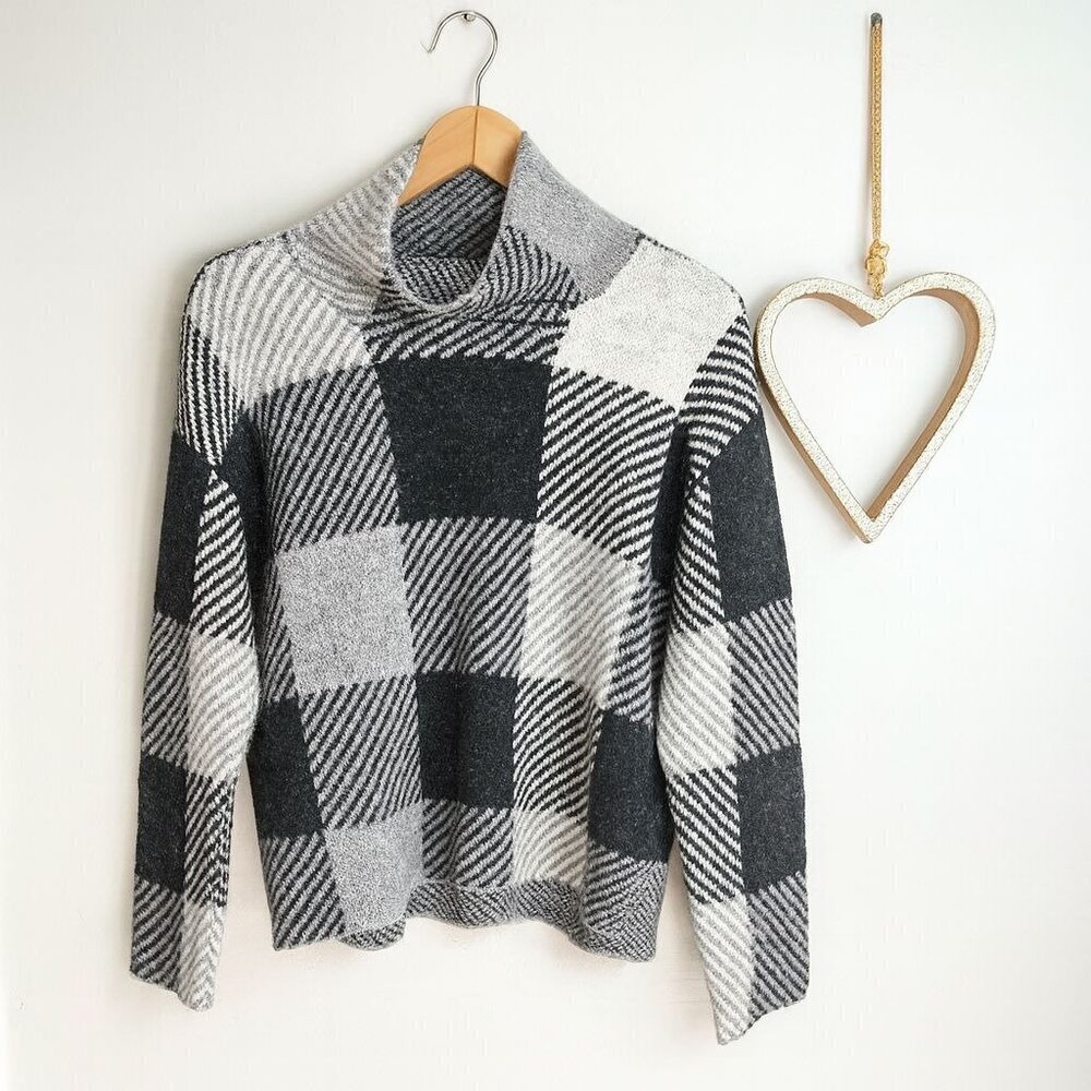 DKNY Womens Turtleneck Plaid Sweater Pull Over SMALL Black White Metallic